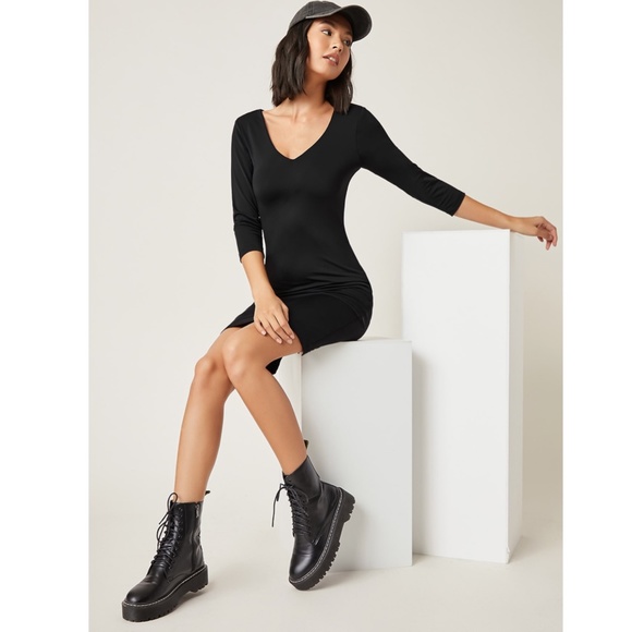 Slim V-Neck Black Mini Dress - Picture 3 of 7